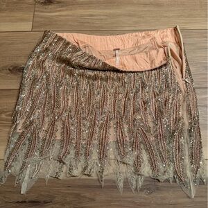 Free People Beaded Gold and Tan Sequin Mini Skirt